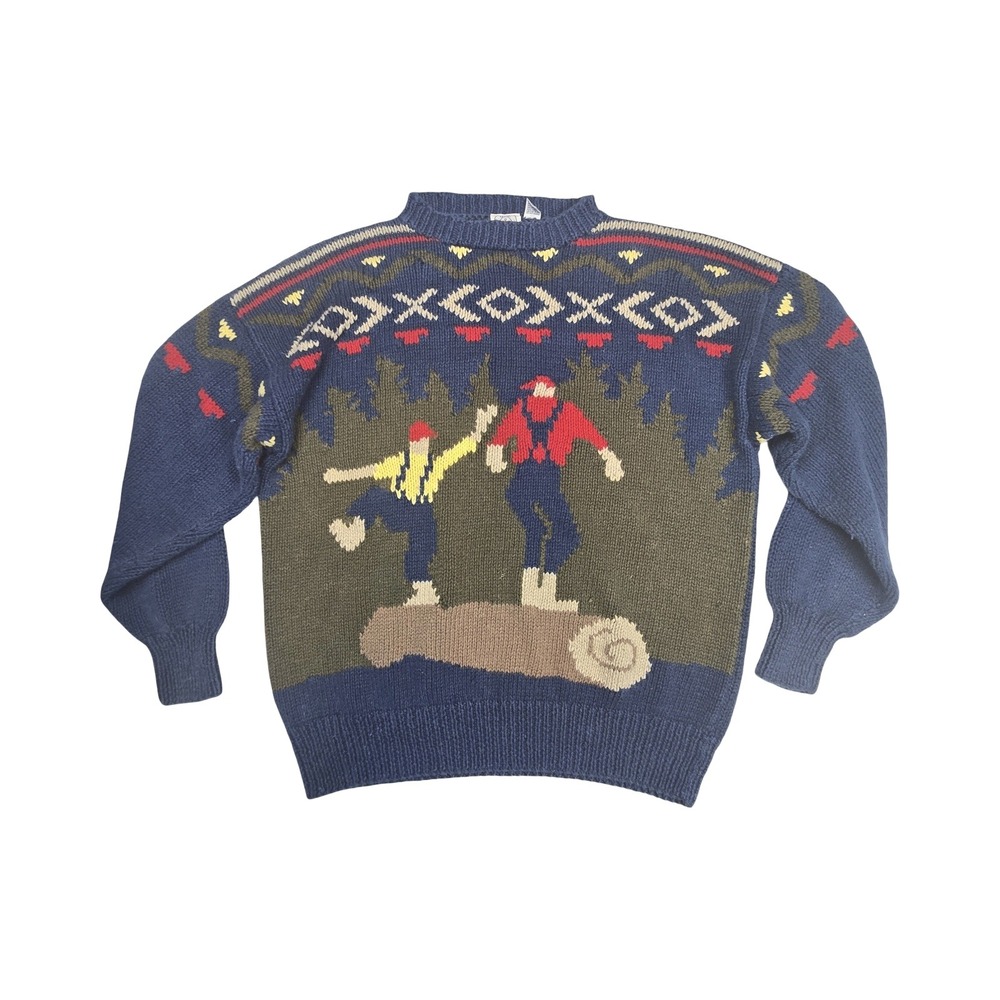 J.G. Hook Vintage 90s Lumberjack Log Rolling Grandpa Sweater Blue Ramie Cotton L